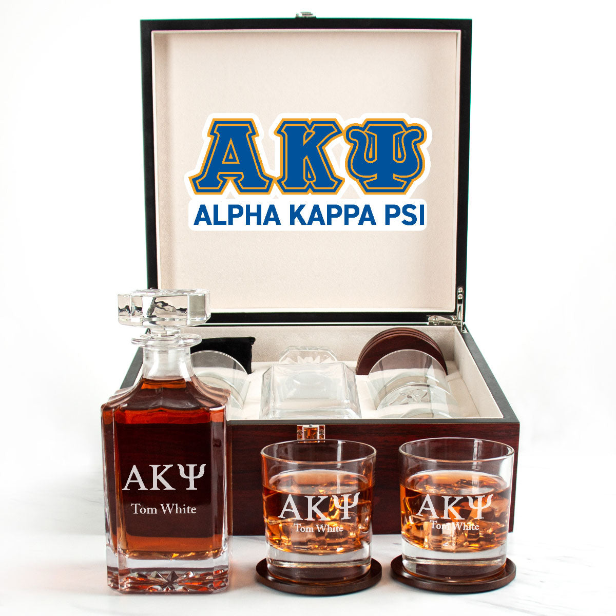 Alpha Kappa Psi Cherry Wood Decanter Wood Gift Box Set With Rocks Glas ...