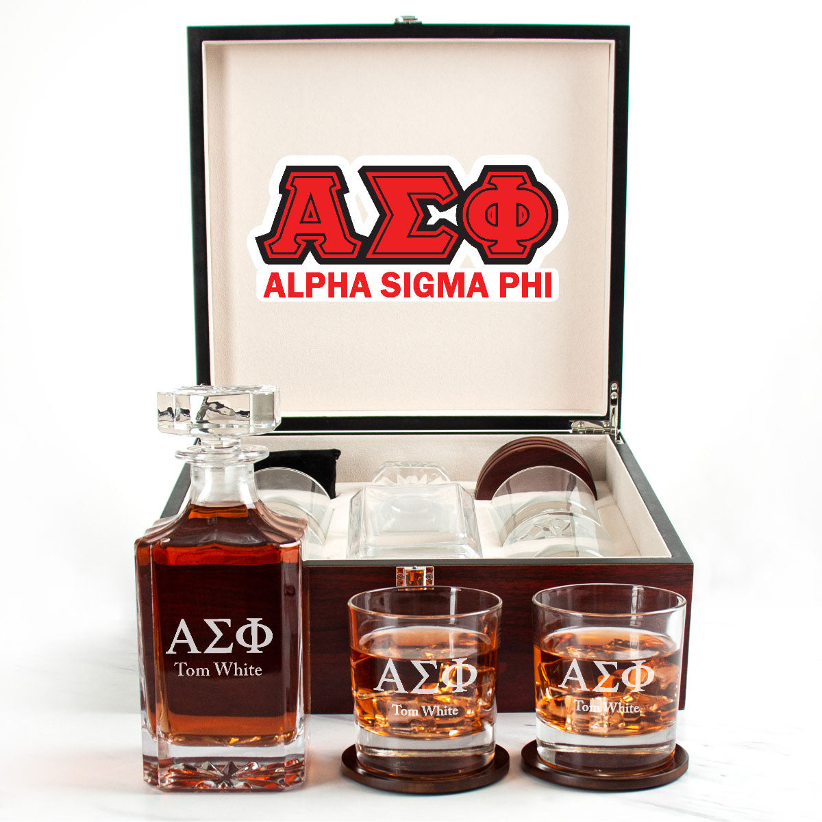 Alpha Sigma Phi Cherry Wood Decanter Wood Gift Box Set With Rocks Glasses