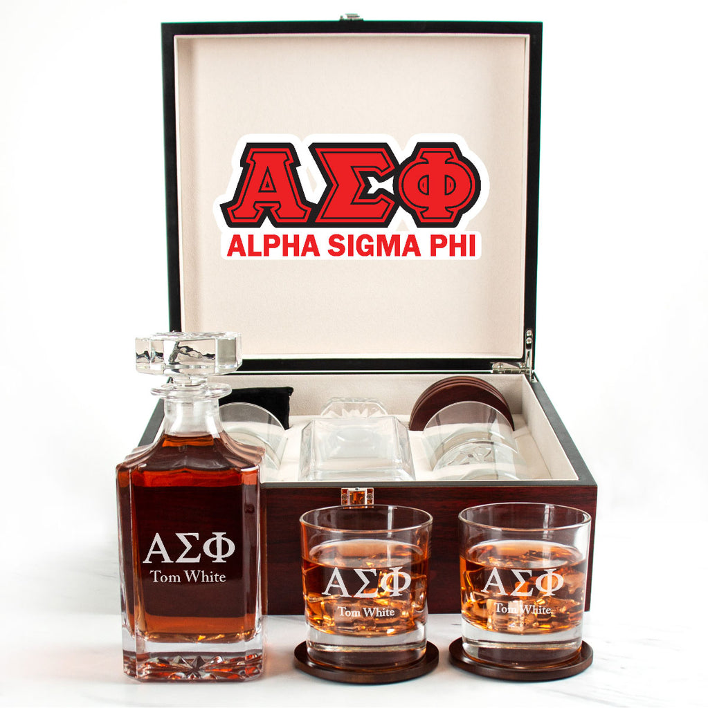 Alpha Sigma Phi Cherry Wood Decanter Wood Gift Box Set With Rocks Glasses
