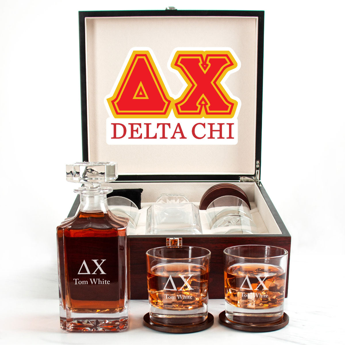 Delta Chi Cherry Wood Decanter Wood Gift Box Set With Rocks Glasses