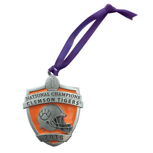 Clemson Tigers national champions ornament with purple ribbon on a white background