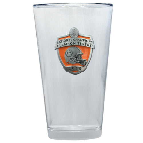 Clear glass with Clemson Tigers national champions emblem on a white background