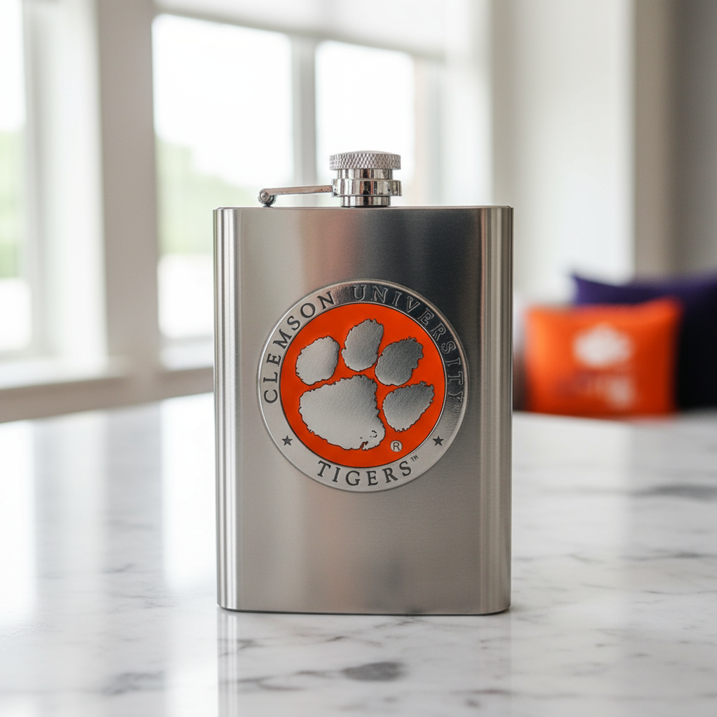 Stainless steel flask with Clemson University logo on a white background