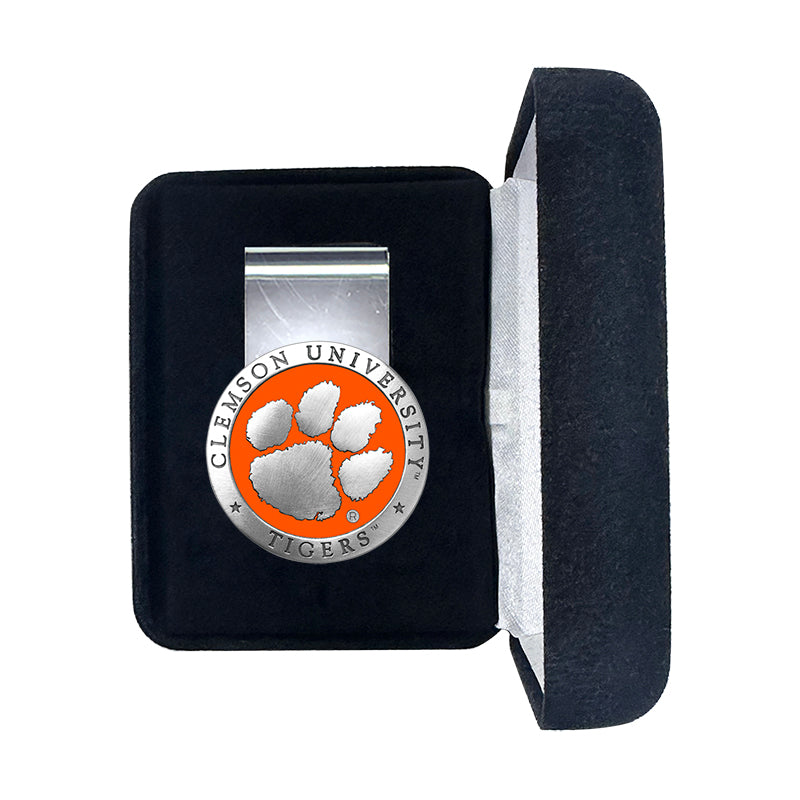 Clemson University money clip in a black velvet box