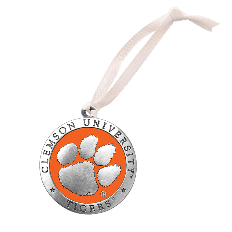 Clemson University Tigers ornament with orange and silver design on a white background