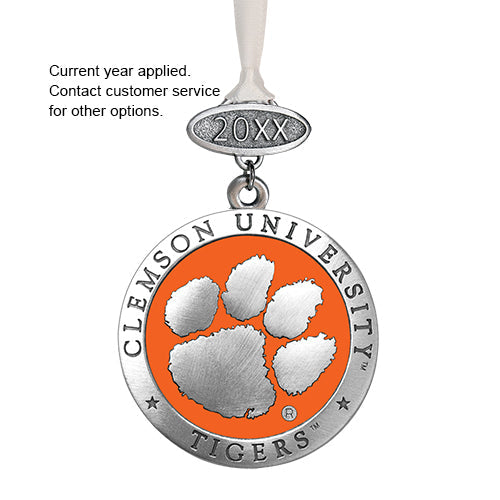 Clemson University Tigers pendant with orange and silver design on a white background