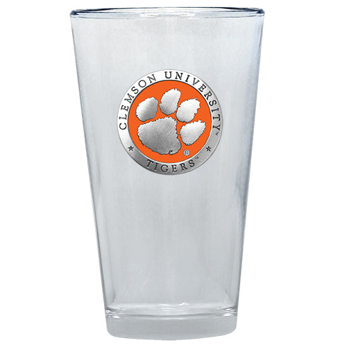 Clear glass with Clemson University Tigers logo on a white background