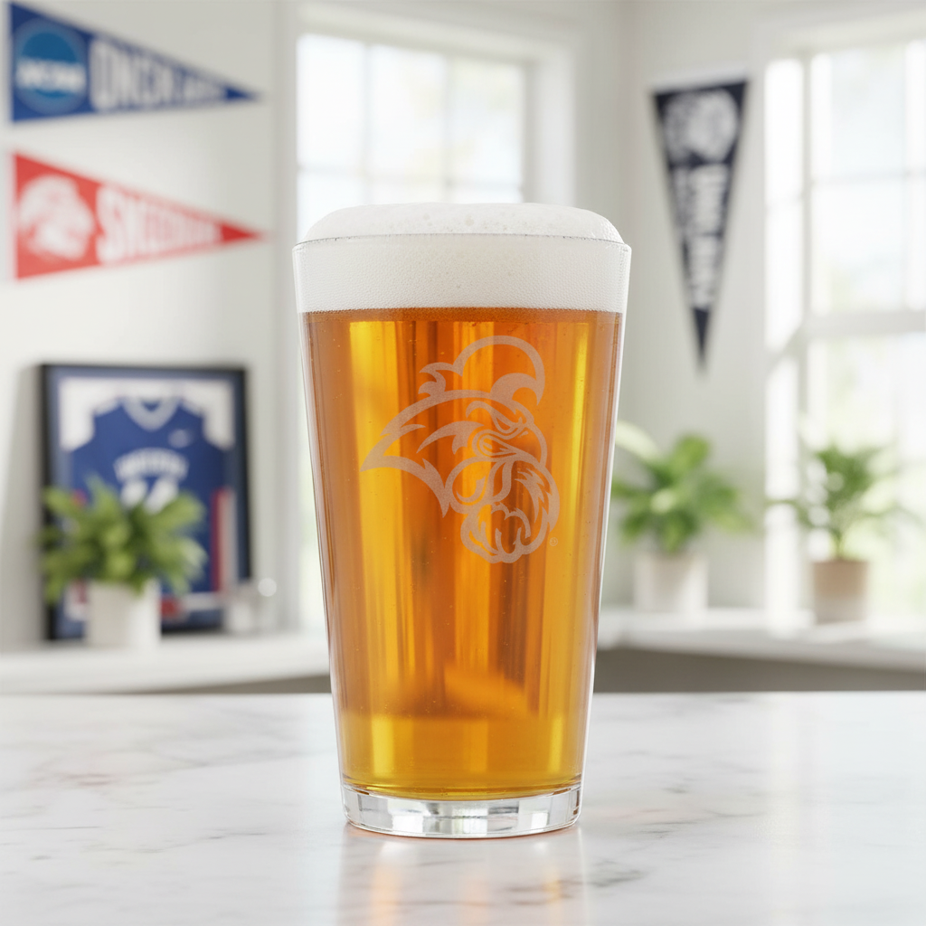 A clear pint glass with an etched design of the Coastal Carolina University Chanticleers logo.