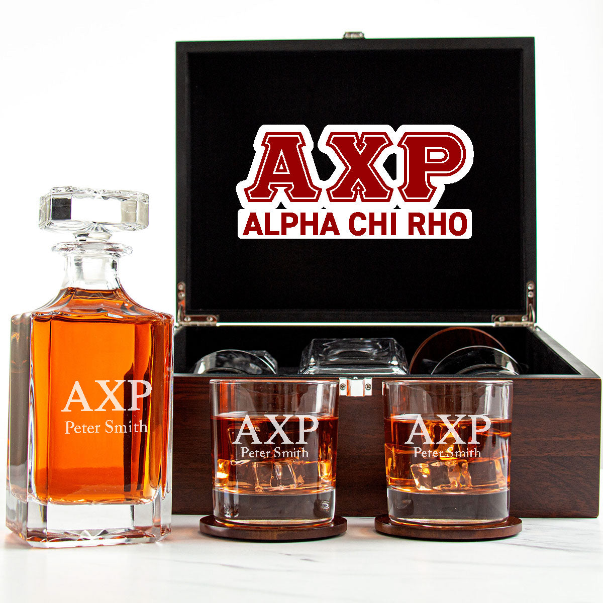 Alpha Chi Rho Decanter Set With Dark Brown Wood Gift Box