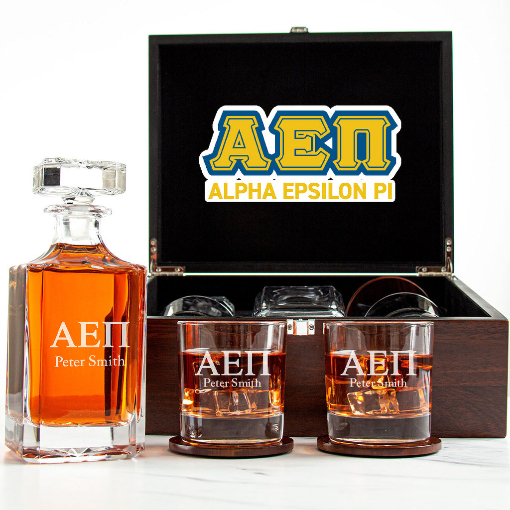 Alpha Epsilon Pi Decanter Set With Dark Brown Wood Gift Box
