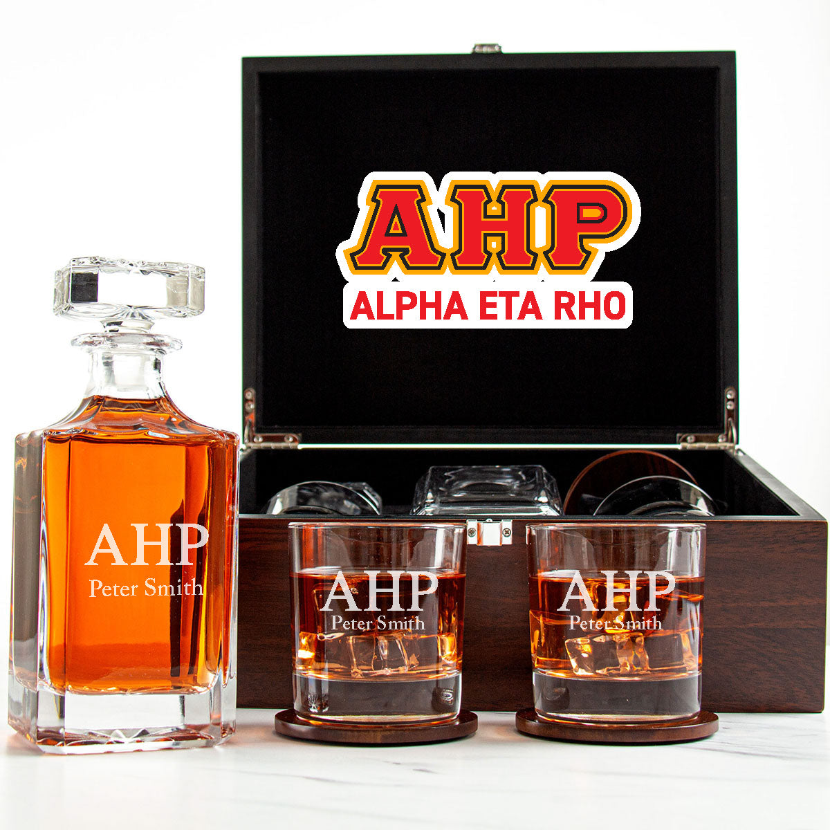 Alpha Eta Rho Decanter Set With Dark Brown Wood Gift Box