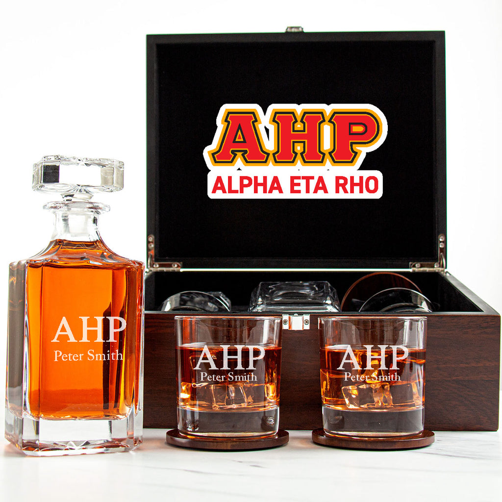Alpha Eta Rho Decanter Set With Dark Brown Wood Gift Box