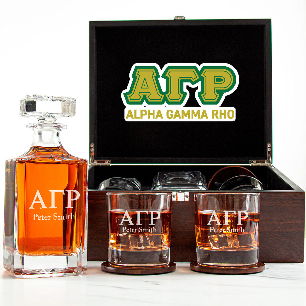 Alpha Gamma Rho Decanter Set With Dark Brown Wood Gift Box
