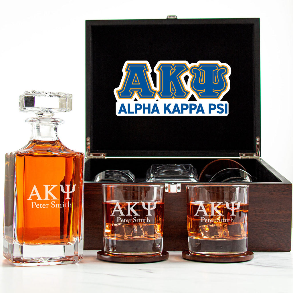 Alpha Kappa Psi Decanter Set With Dark Brown Wood Gift Box