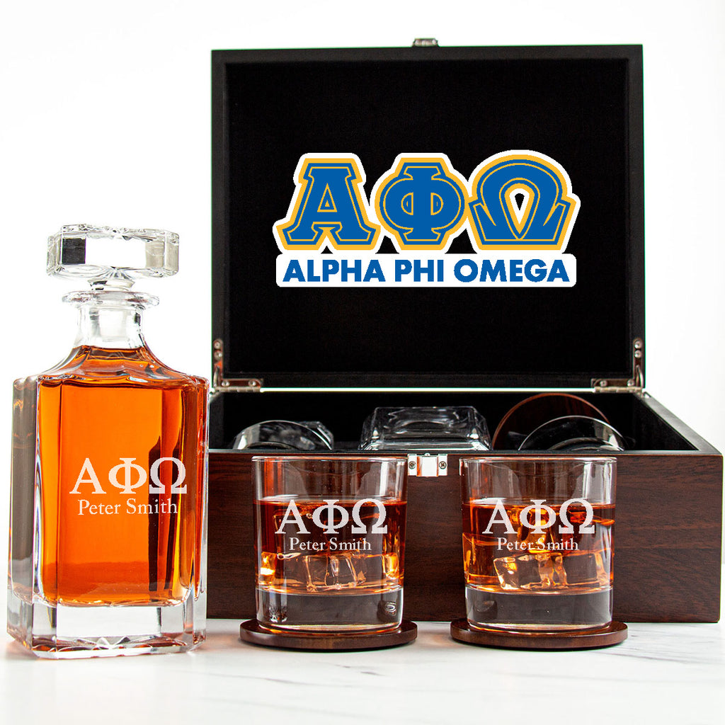 Alpha Phi Omega Decanter Set With Dark Brown Wood Gift Box