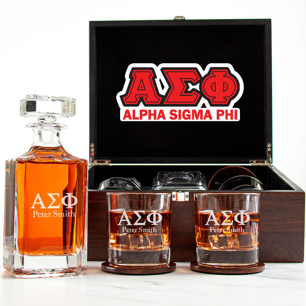 Alpha Sigma Phi Decanter Set With Dark Brown Wood Gift Box