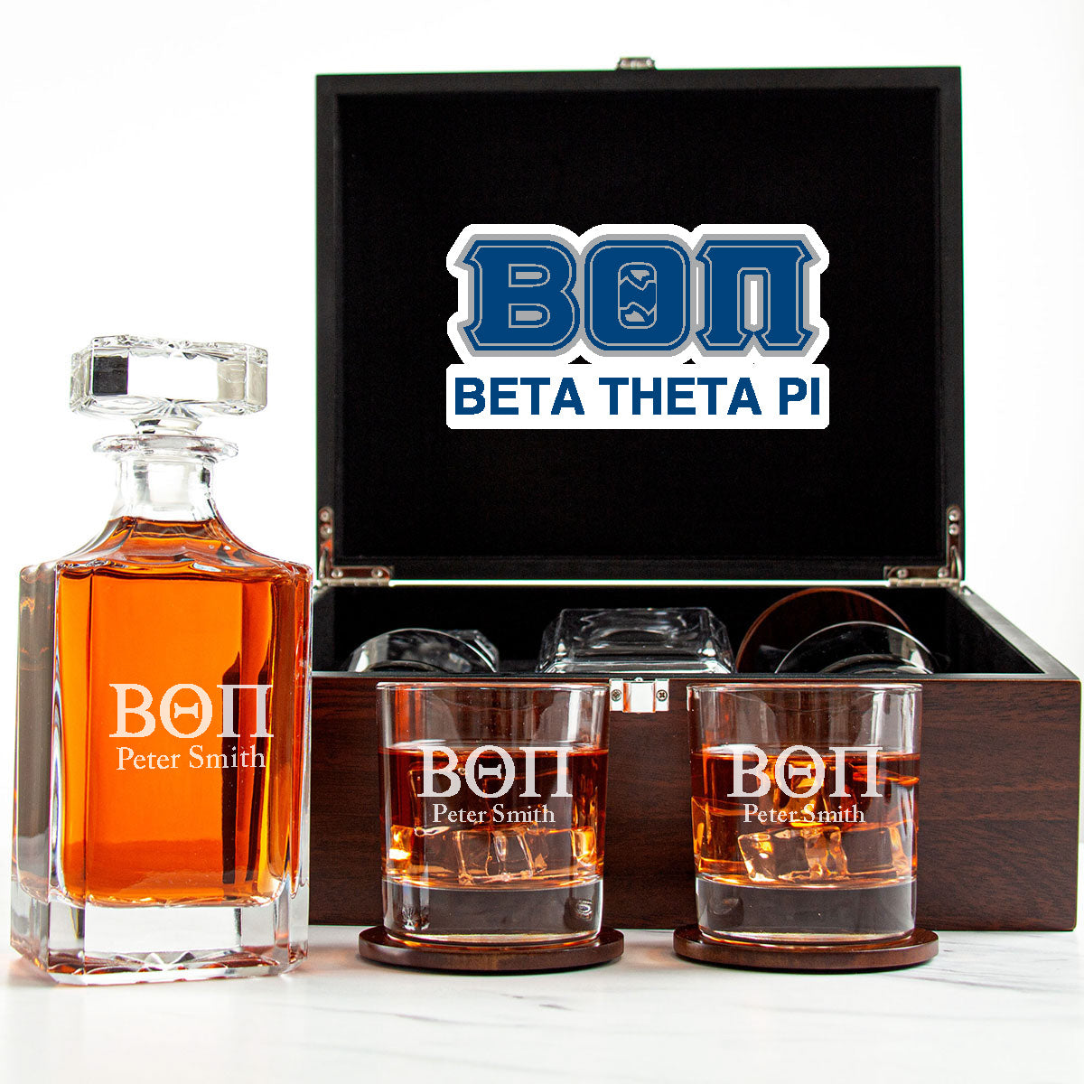 Beta Theta Pi Decanter Set With Dark Brown Wood Gift Box