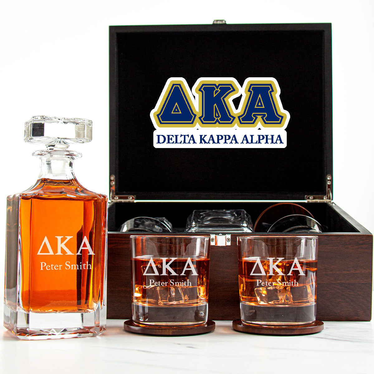 Delta Kappa Alpha Decanter Set With Dark Brown Wood Gift Box