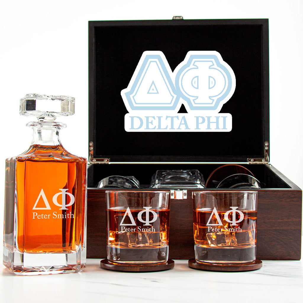 Delta Phi Decanter Set With Dark Brown Wood Gift Box