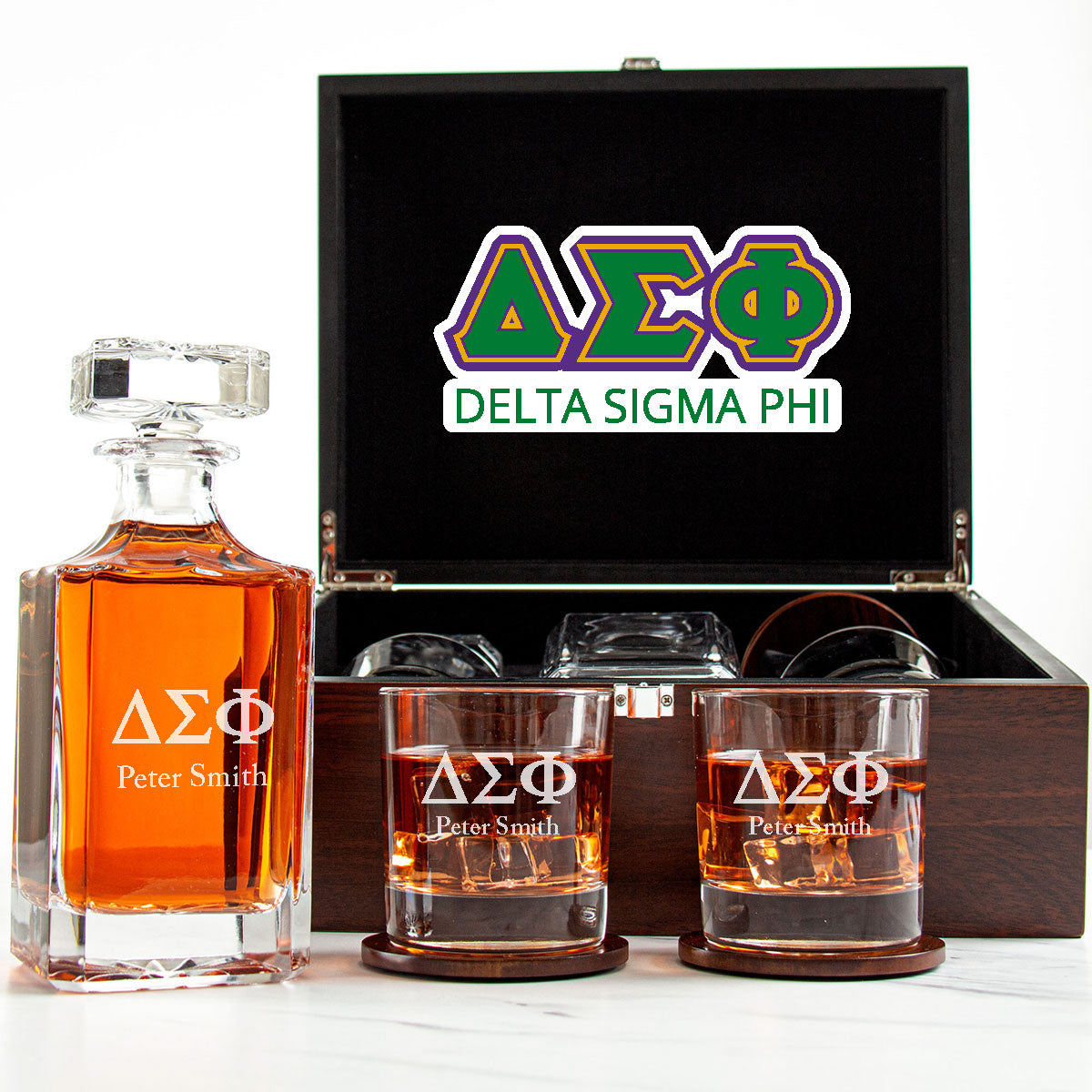 Delta Sigma Phi Decanter Set With Dark Brown Wood Gift Box