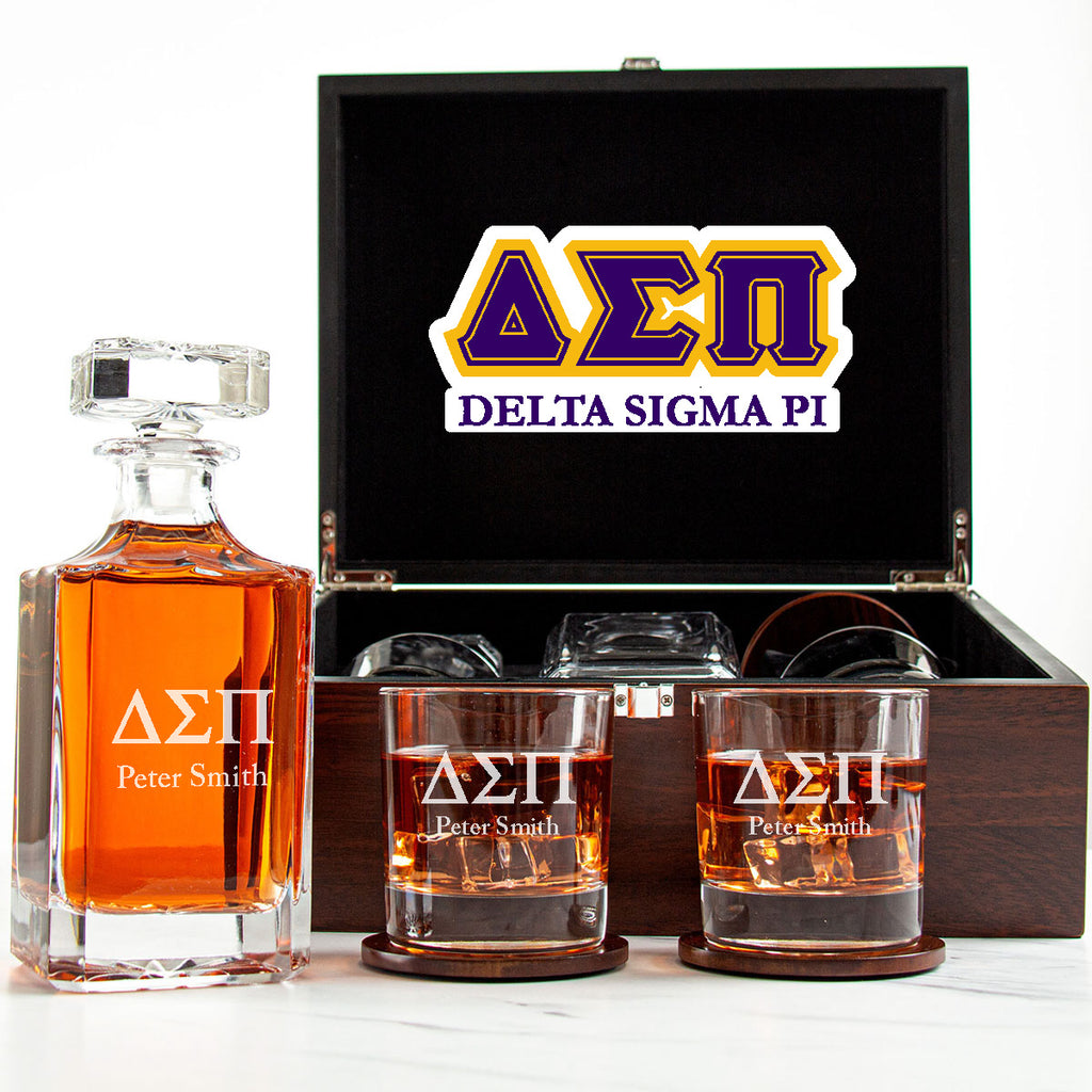 Delta Sigma Pi Decanter Set With Dark Brown Wood Gift Box