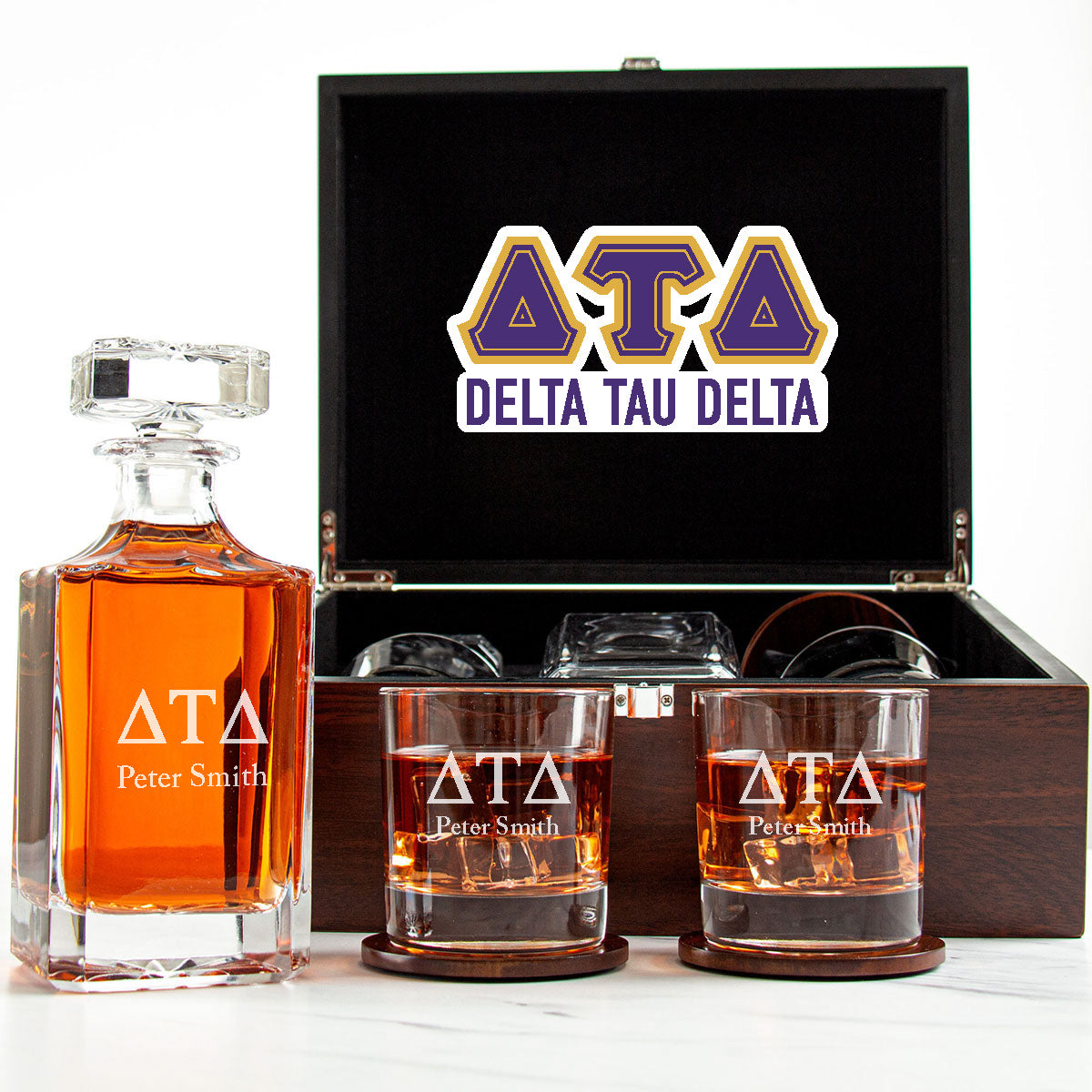 Delta Tau Delta Decanter Set With Dark Brown Wood Gift Box