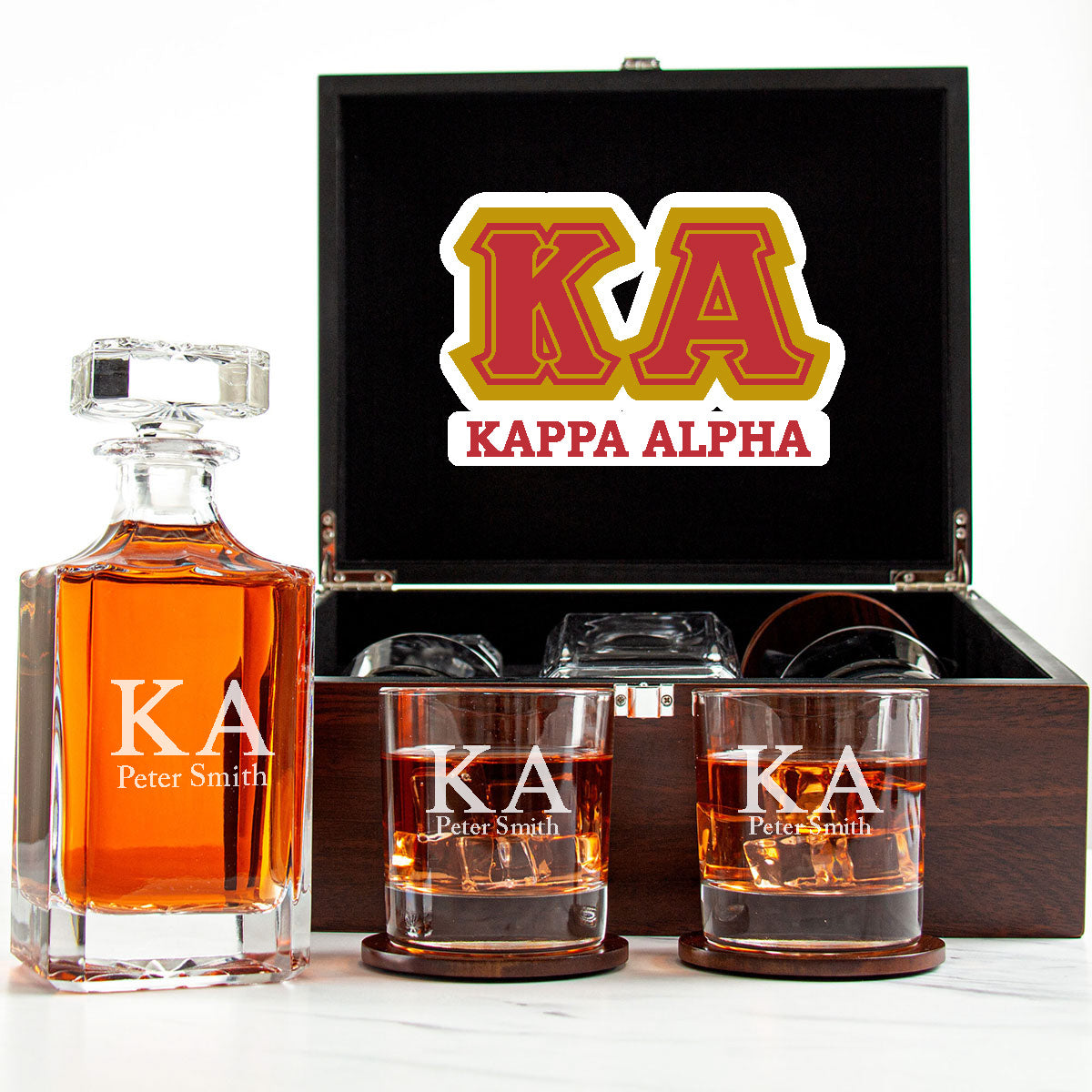 Kappa Alpha Decanter Set With Dark Brown Wood Gift Box
