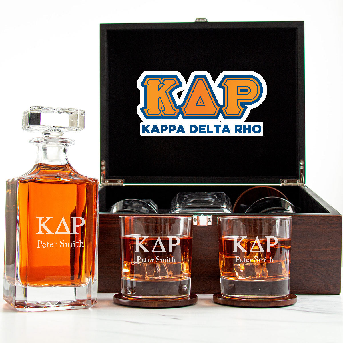 Kappa Delta Rho Decanter Set With Dark Brown Wood Gift Box