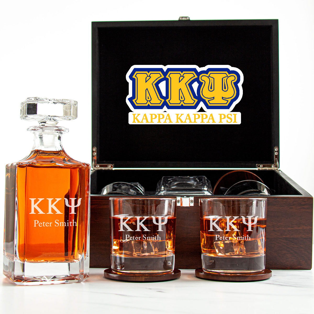 Kappa Kappa Psi Decanter Set With Dark Brown Wood Gift Box