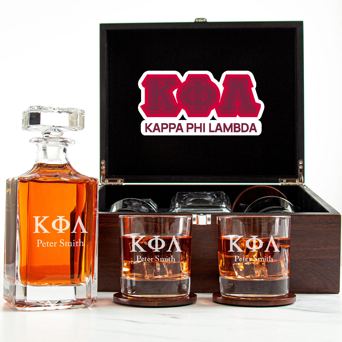 Kappa Phi Lambda Decanter Set With Dark Brown Wood Gift Box