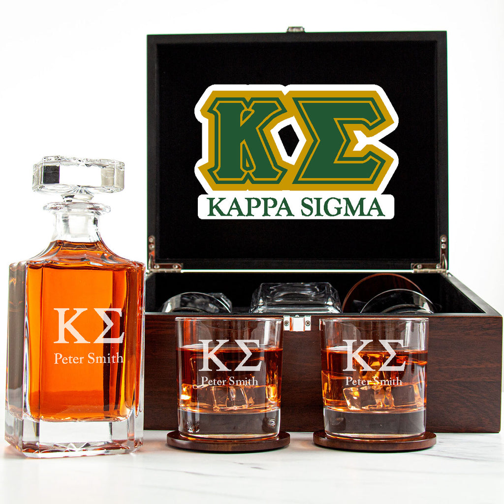 Kappa Sigma Decanter Set With Dark Brown Wood Gift Box