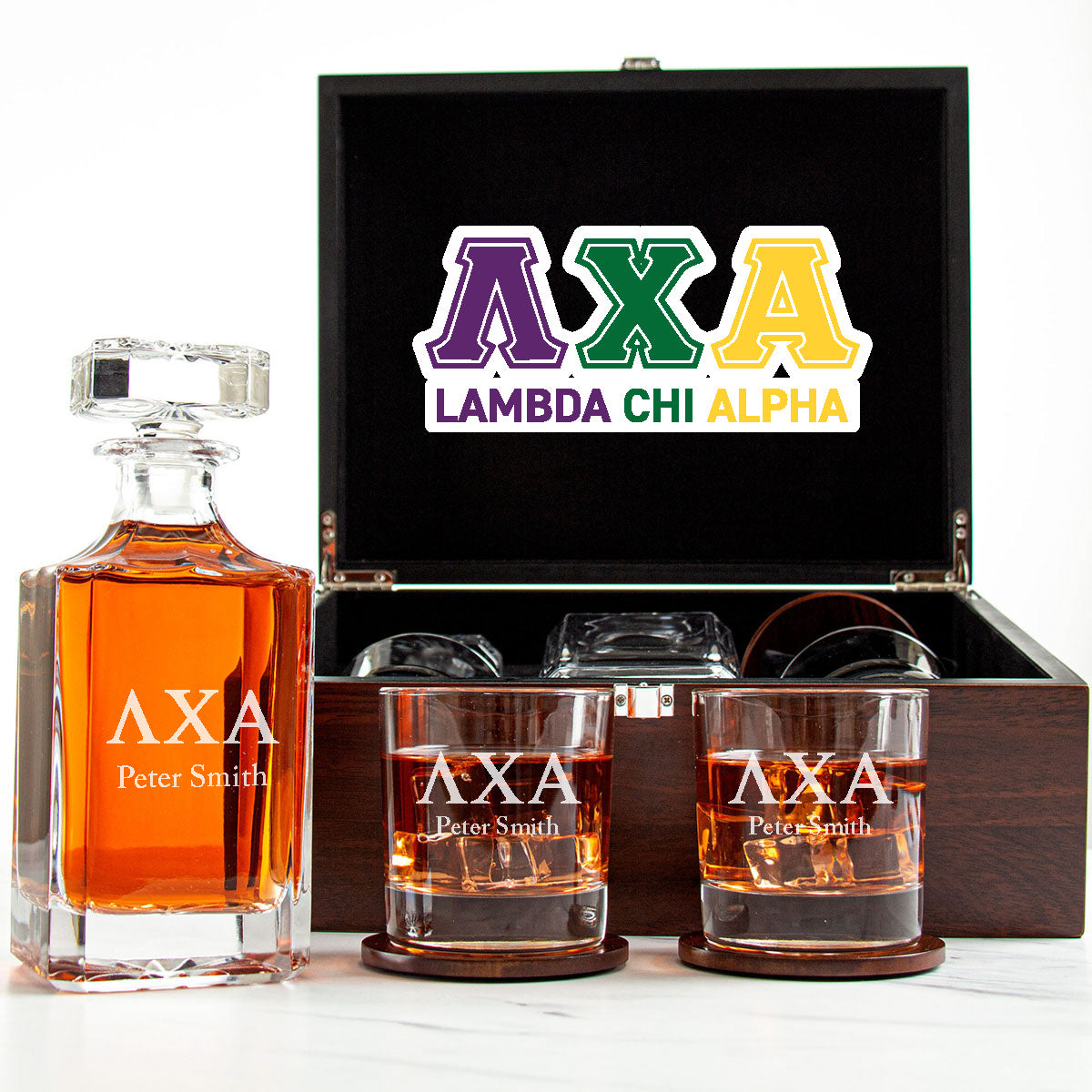 Lambda Chi Alpha Decanter Set With Dark Brown Wood Gift Box