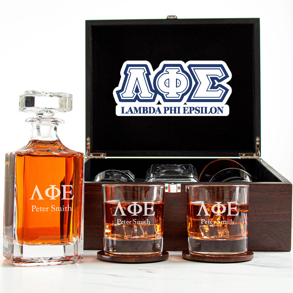 Lambda Phi Epsilon Decanter Set With Dark Brown Wood Gift Box