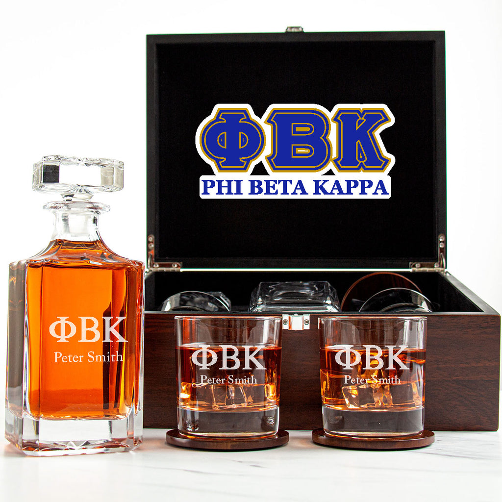 Phi Beta Kappa Decanter Set With Dark Brown Wood Gift Box