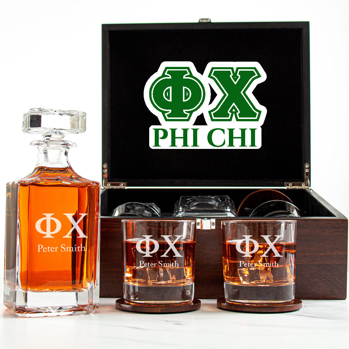 Phi Chi Decanter Set With Dark Brown Wood Gift Box