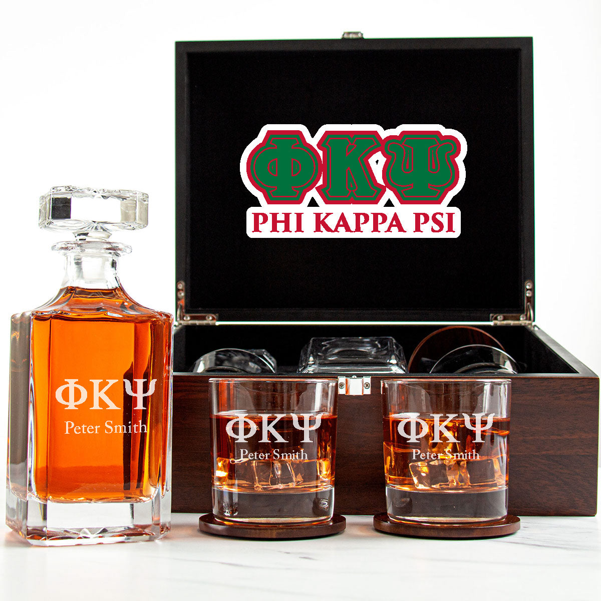 Phi Kappa Psi Decanter Set With Dark Brown Wood Gift Box