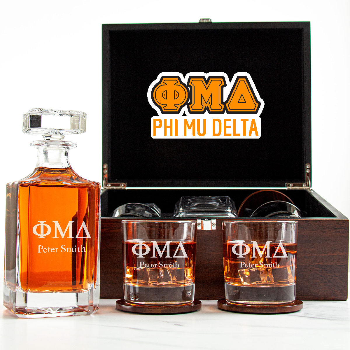 Phi Mu Delta Decanter Set With Dark Brown Wood Gift Box
