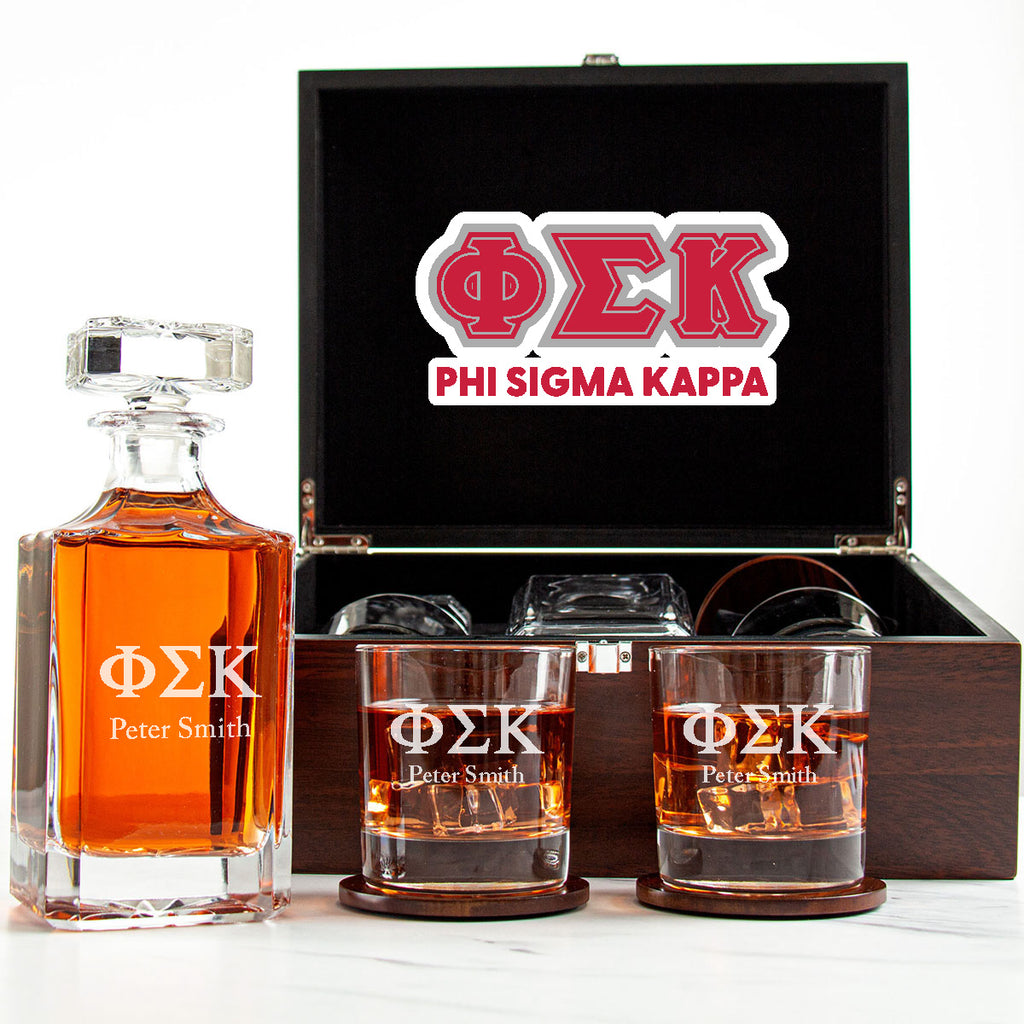 Phi Sigma Kappa Decanter Set With Dark Brown Wood Gift Box