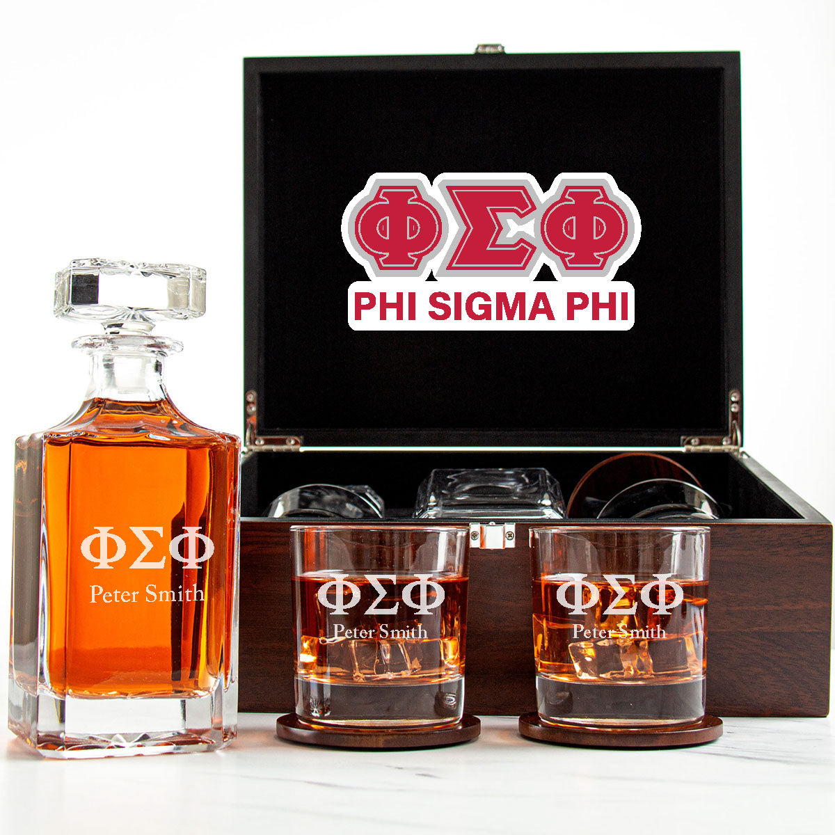 Phi Sigma Phi Decanter Set With Dark Brown Wood Gift Box