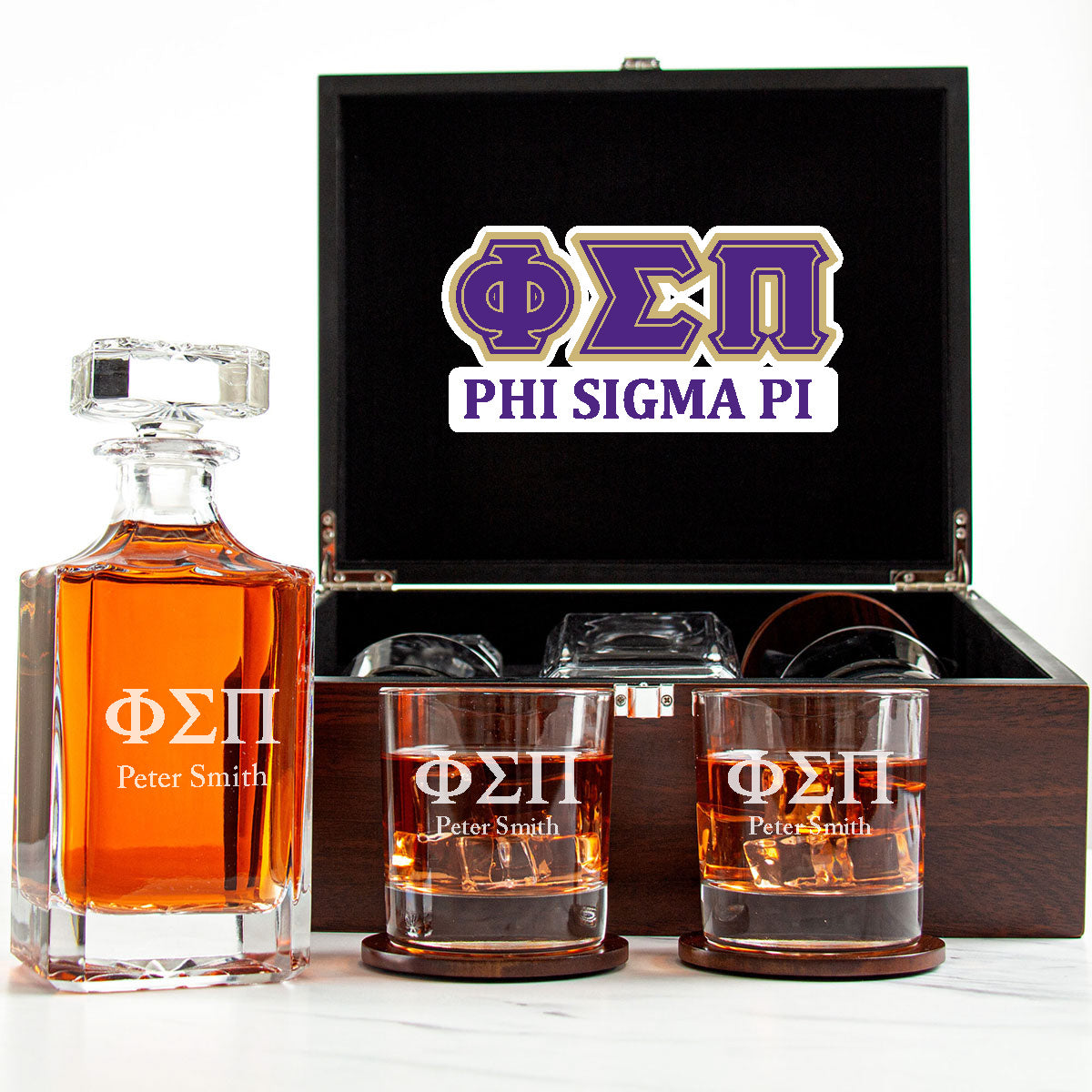Phi Sigma Pi Decanter Set With Dark Brown Wood Gift Box