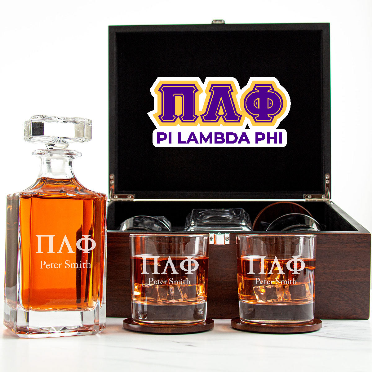 Pi Lambda Phi Decanter Set With Dark Brown Wood Gift Box