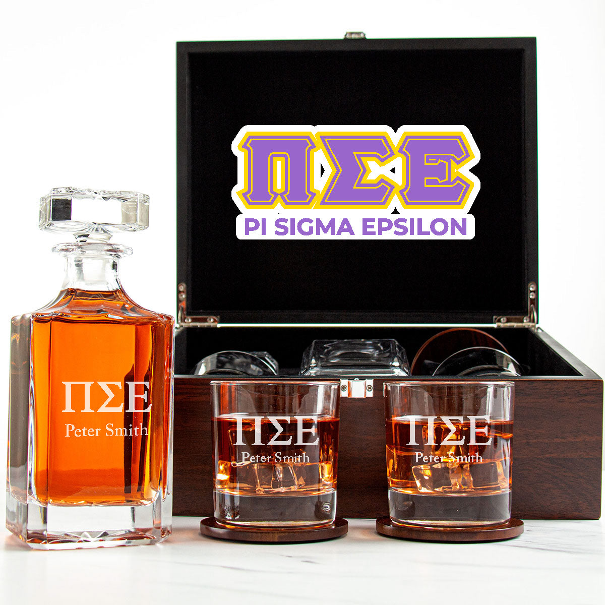 Pi Sigma Epsilon Decanter Set With Dark Brown Wood Gift Box