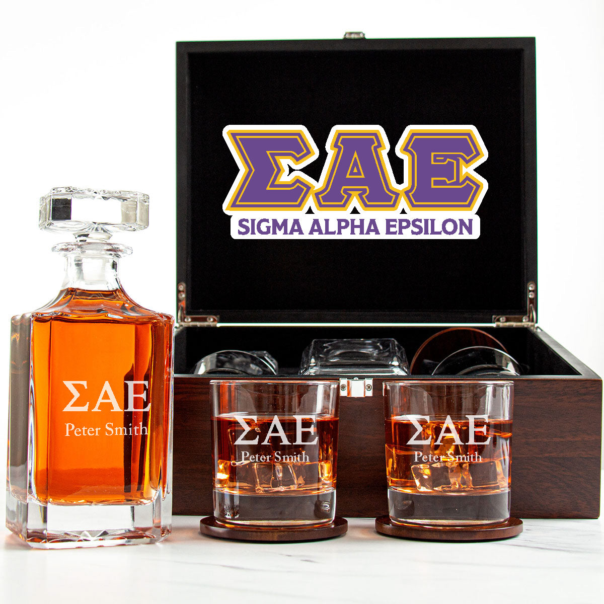 Sigma Alpha Epsilon Decanter Set With Dark Brown Wood Gift Box