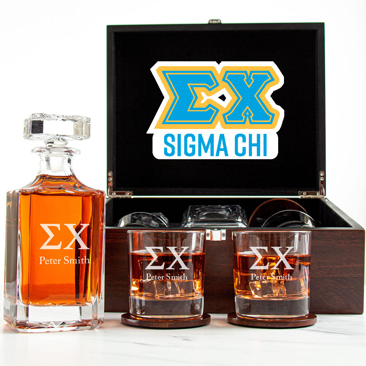Sigma Chi Decanter Set With Dark Brown Wood Gift Box