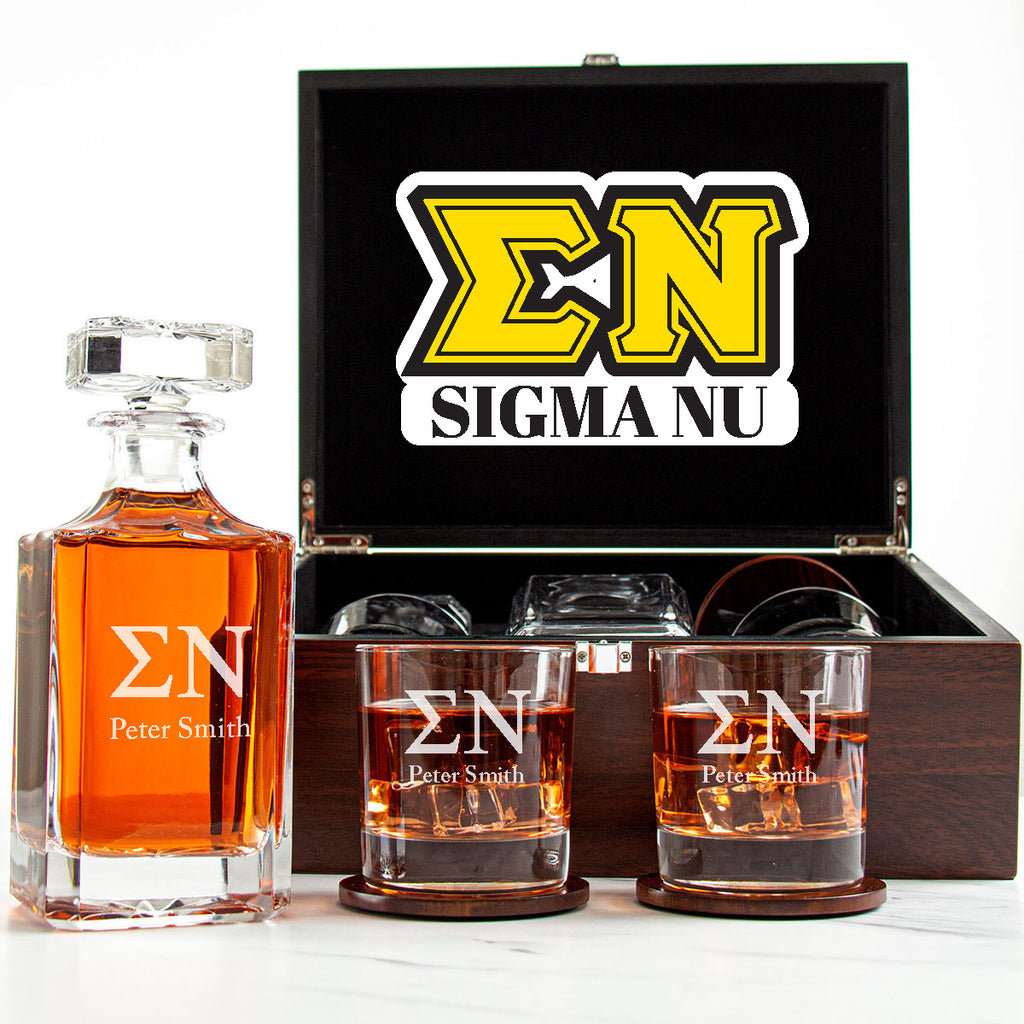 Sigma Nu Decanter Set With Dark Brown Wood Gift Box