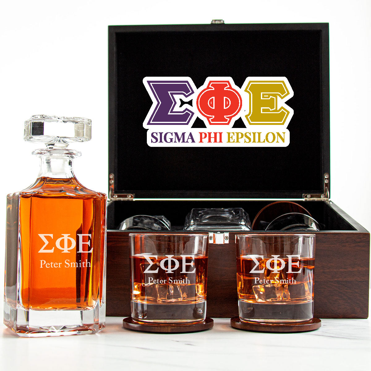 Sigma Phi Epsilon Decanter Set With Dark Brown Wood Gift Box