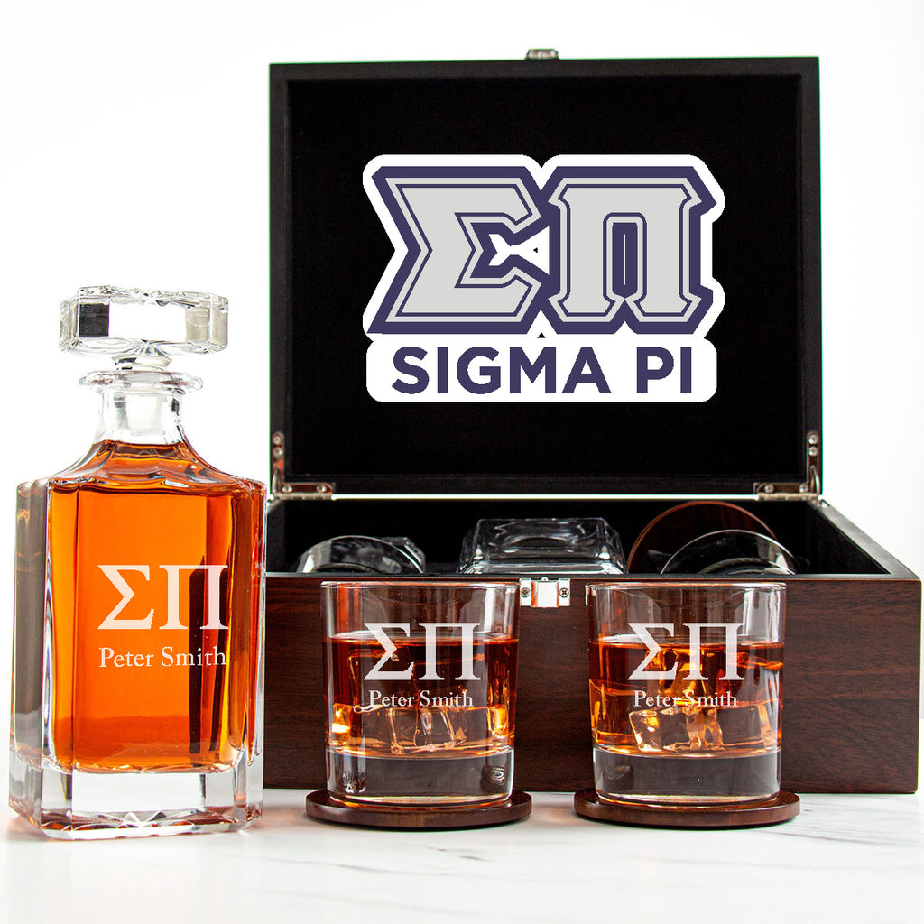 Sigma Pi Decanter Set With Dark Brown Wood Gift Box
