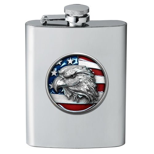 Eagle and American Flag 8oz Stainless Steel Flask - Fine Pewter Casting - Made in USA