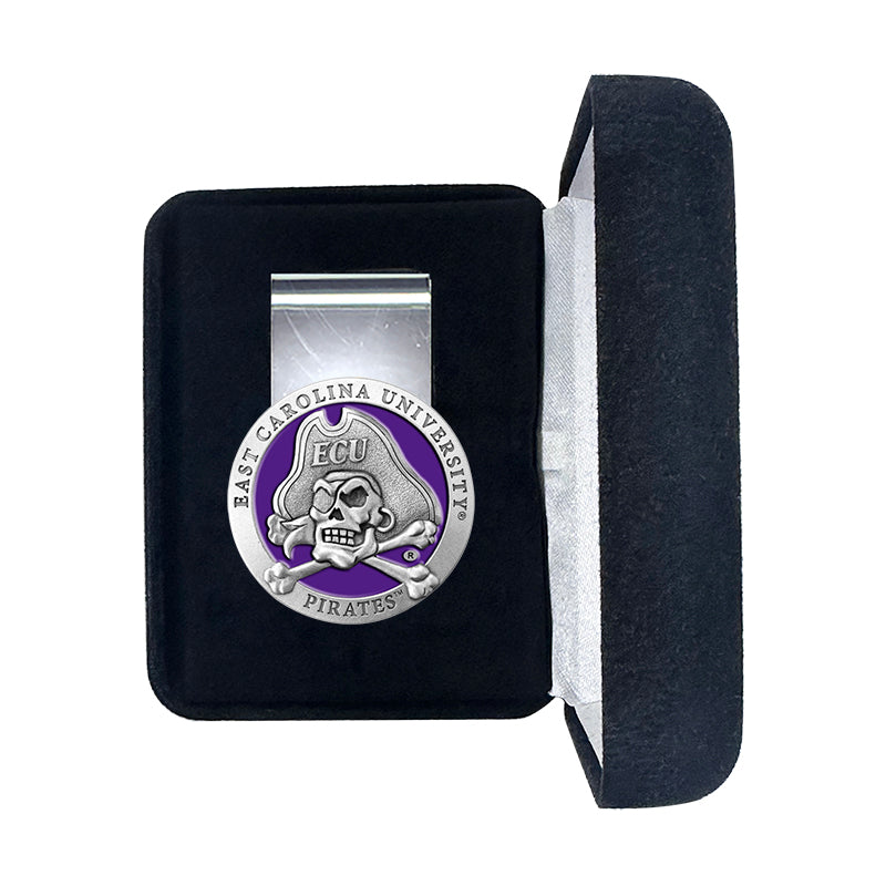 Silver money clip with East Carolina University logo on a black velvet cushion