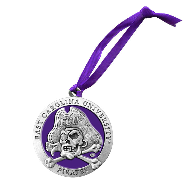 Medal with East Carolina University logo on a purple ribbon against a white background